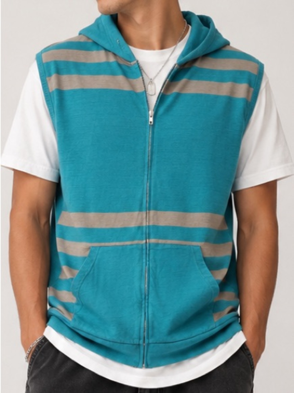 Evolution In Design 2XL Sleeveless Zip Hoodie Vest Blue Gray Striped 100% Cotton
